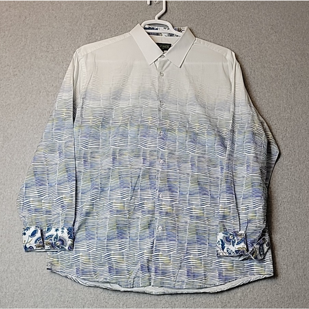Inserch Icon White Blue Paisley 100% Cotton LS Flip Cuff Button Up Sh Men's 2XL